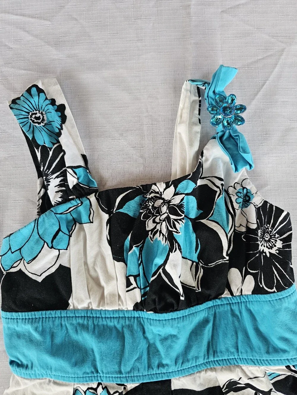 My Michelle Girl's White Black Blue Floral Sleeveless Sundress with Brooch Sz 10